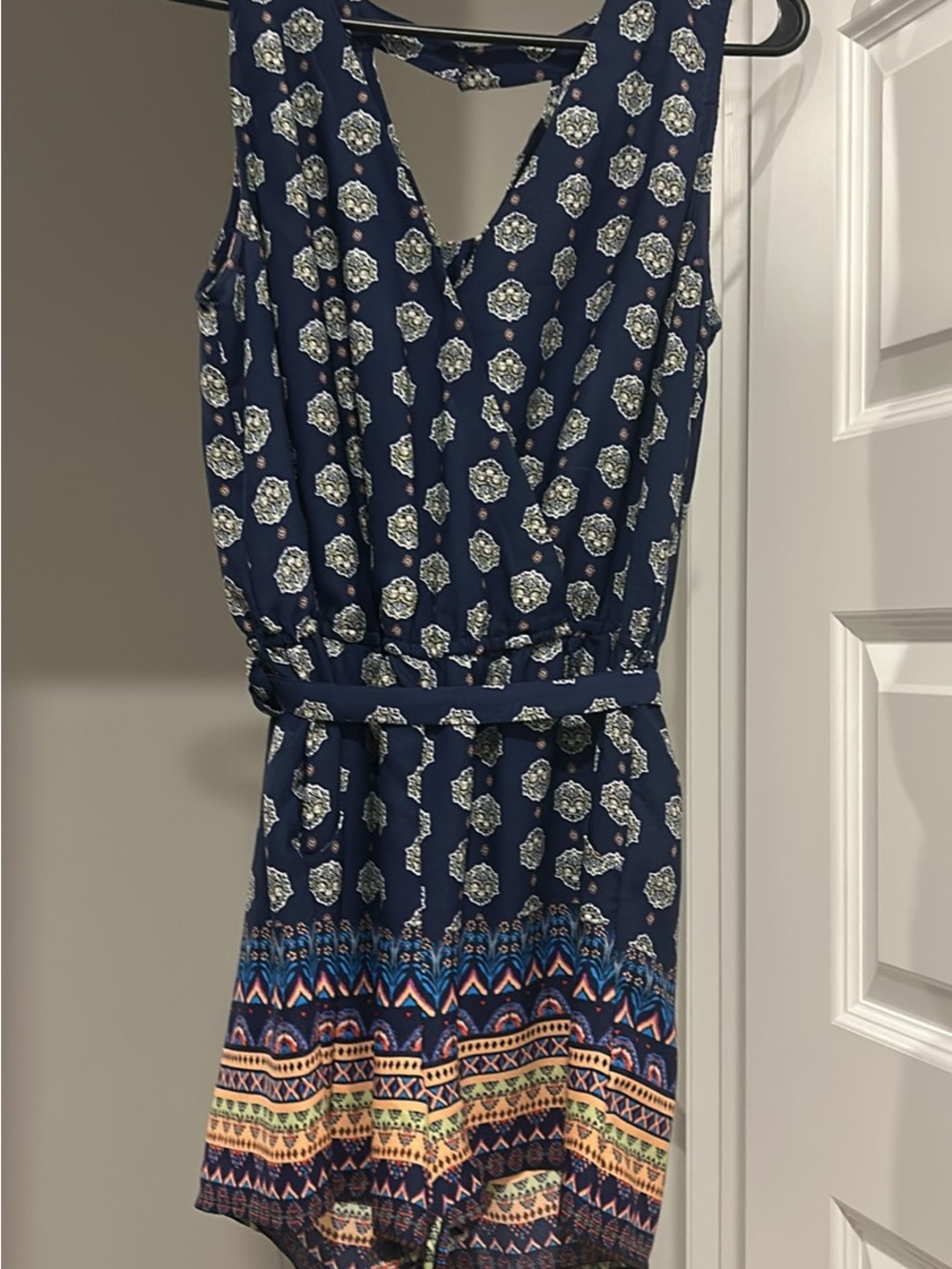 Navy Printed Sleeveless V-Neck Dress with Belt